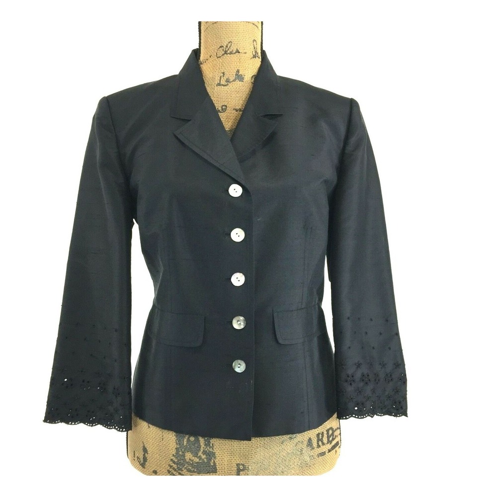 Bloomingdales Blazer 8 Black 100% Silk Eyelet Dressy Button Pocket Jacket Office